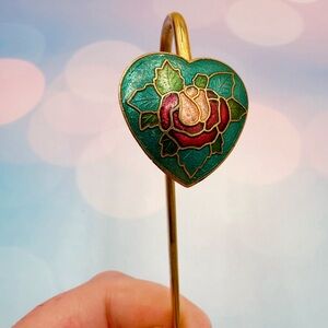 Vintage Cloisonné Heart-Shaped Rose Bookmark Goldtone